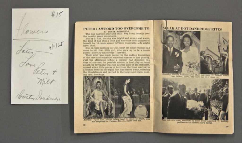 Death of Dorothy Dandridge, Lawford Friend: (1) "Peter Lawford Too Overcome to Speak at Dot Dandridge Rites" by Louie Robinson appearing in "Jet" September 30, 1965 pp. 58-61, together with funerary floral message "Later-Love Peter and Milt" Se
