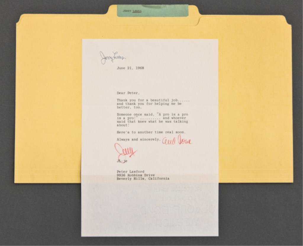 Jerry Lewis Signed Note: (1) Typewritten note thanking Peter Lawford "for a beautiful job...." on Jerry Lewis personalized note paper signed "and love, Jerry" and dated June 21, 1968.