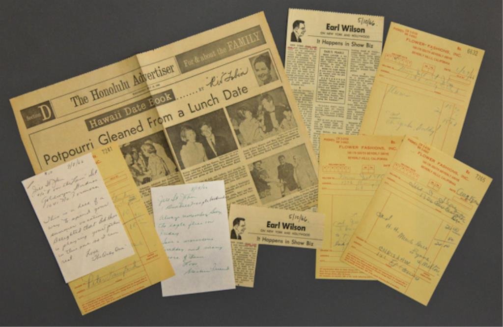 Flowers to Jill St. John: (4) Carbon receipts for flowers sent by Peter Lawford to Jill St. John with messages, "This is a hell of a way to spend yor summr vacation...", "H.H. Much Love Lynne and Milton", "Oh Yeah, Daddy", "I