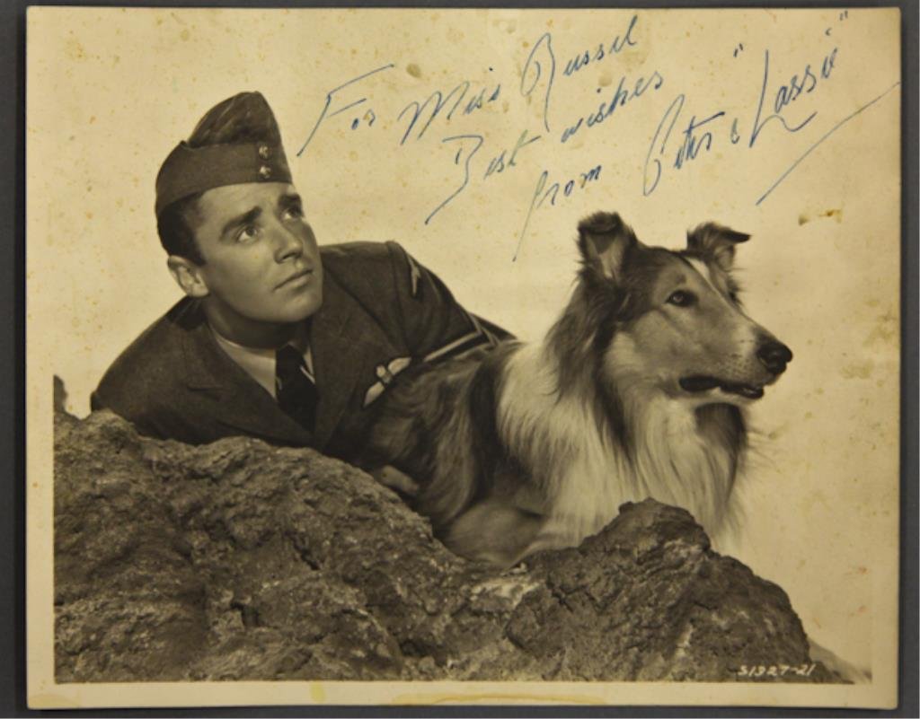 Peter Lawford Signed Photograph: (1) 8 x 10 inch photograph of Peter Lawford inscribed and signed "For Miss Russell Best wishes from Peter and "Lassie". (soiled)