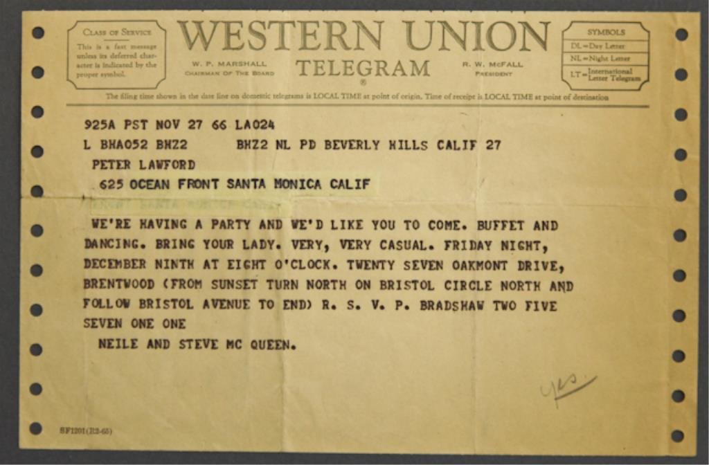 Steve McQueen Telegram: (1) Telegram inviting Peter Lawford to a party held by Neile and Steve McQueen dated November 27, 1966.