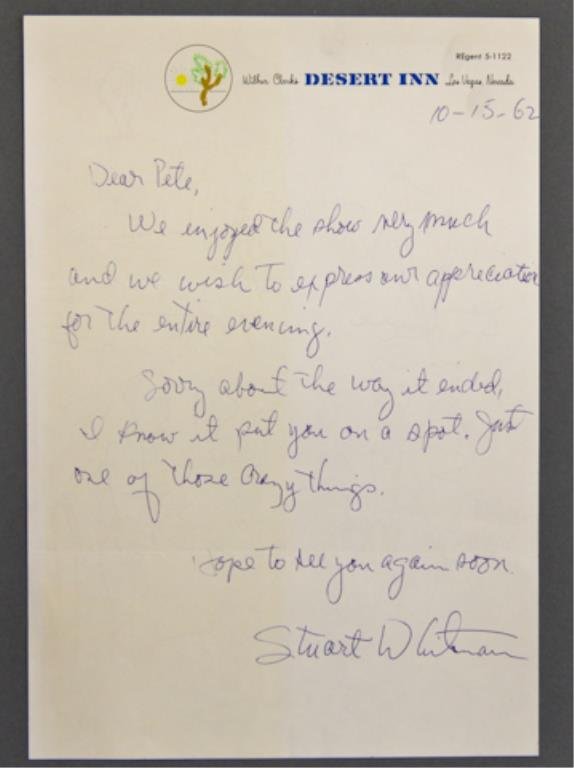 Stuart Whitman Signed Note: (1) Handwritten note on Desert Inn letterhead thanking Peter Lawford for "the entire evening" signed "Stuart Whitman" and dated October 10, 1962.