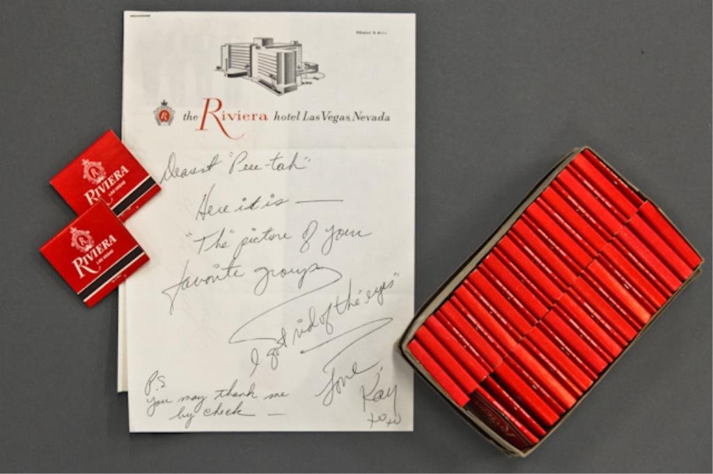 Riviera Hotel Las Vegas: (1) Box of new Riviera Hotel matchbooks (approx. 47) in the original box, together with a letter on Riviera Hotel letterhead from Kay Stevens who sent Peter Lawford a 2 1/2 x 3 inch photograph of "The