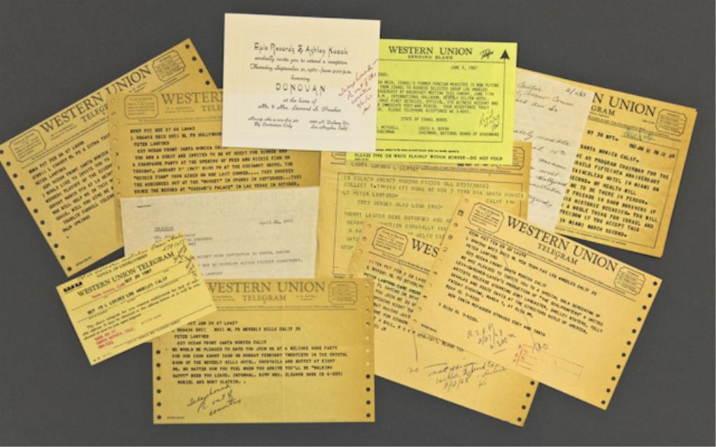 Collection of Invitations Via Telegram etc.: (9) Telegrams inviting Peter Lawford to attend parties and events including a charity golf tournament, Israel's 50th Anniversary, opening of the "Mickie Finn" show, a Welcome Home Party for Sammy Cahn
