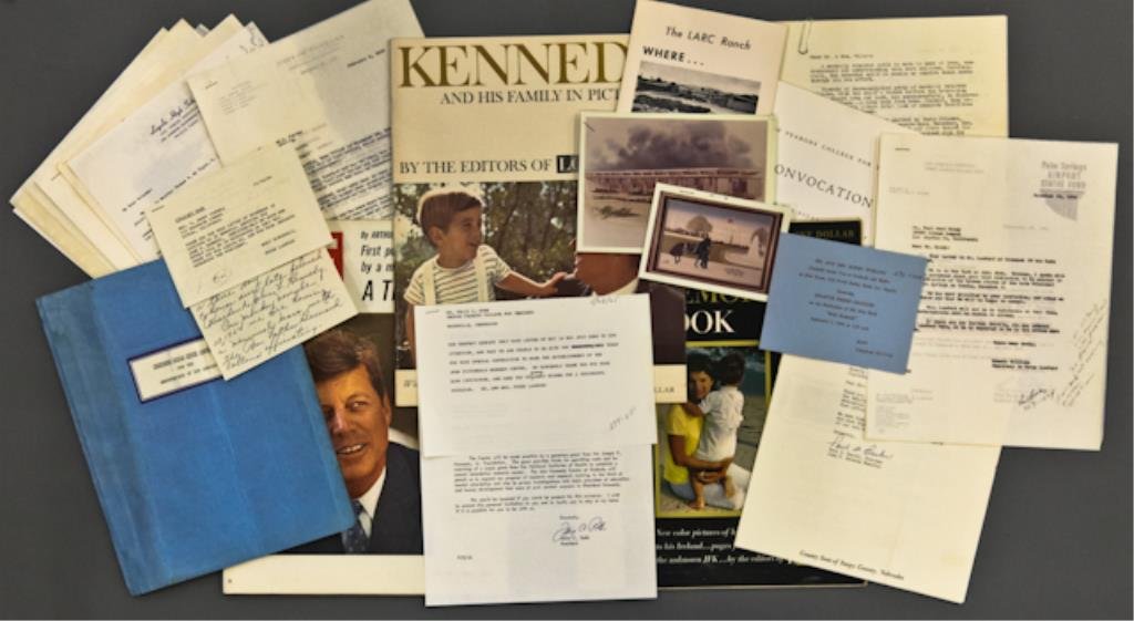 John F. Kennedy In Memoriam Dedications etc.: (1) Invitation to honor Senator Pierre Salinger on the publication of his book "With Kennedy", (3) color photographs of John F. Kennedy memorials, letters of correspondence concerning John F. Kennedy