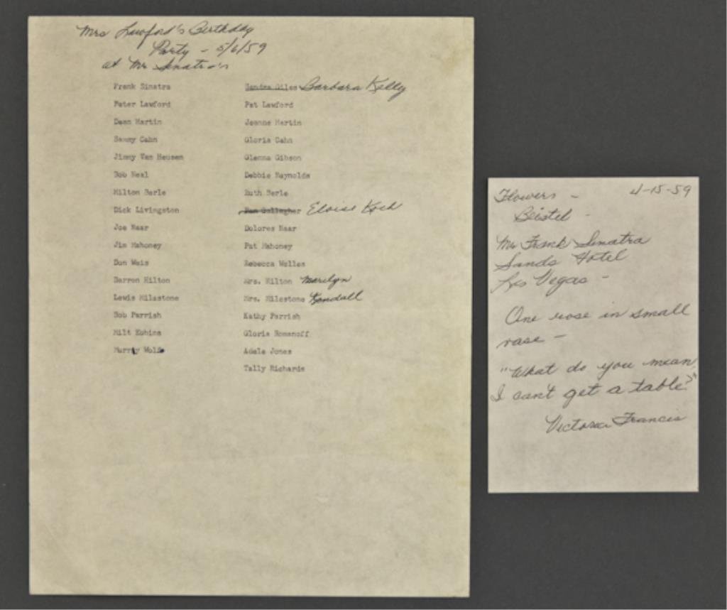 Peter Lawford Birthday Party Guest List: (1) Typewritten guest list for his wife Pat's birthday party to be held on May 6,1959 at "Mr. Sinatra's". Guests were to include Sinatra's Barbara Kelly replacing a scratched Sandra Giles, Dean Martin