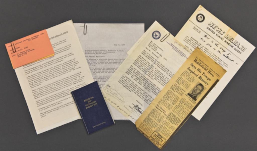 File Entitled "Medal of Honor": Containing information being collected for a possible television program on Medal of Honor recipients, including "Medal of Honor Roster", 67pp. booklet, list of US Marine Corps Recipients 23pp. and ad