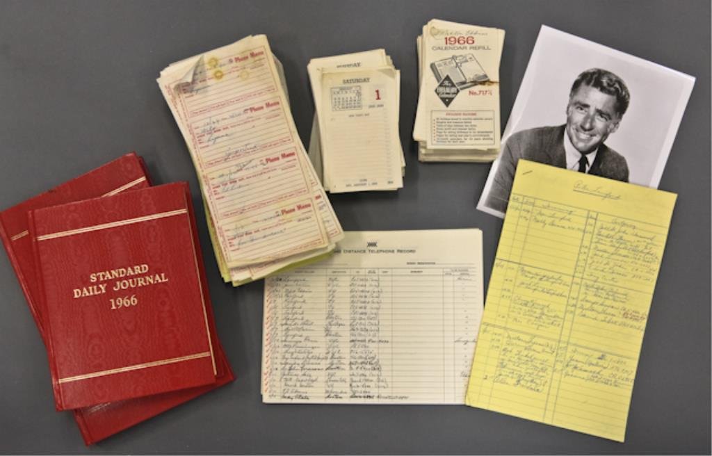 1966 Standard Daily Journal Phone Calls: (2) Hardcover bound "Daily Journal 1966" belonging to Peter Lawford and Milton Ebbins recording daily events, meetings telephone calls, people met and called etc., William Morris long distance telepho