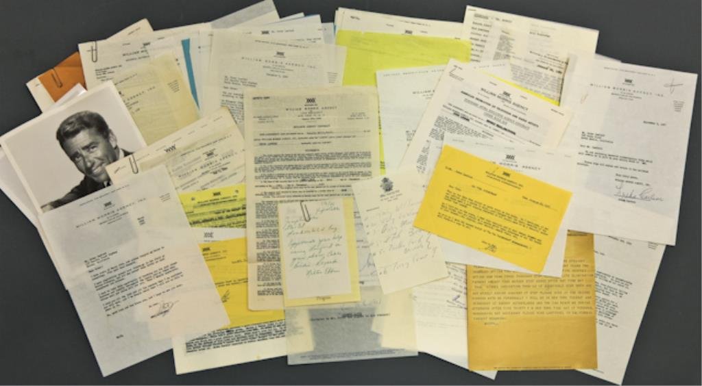 Peter Lawford "William Morris 1950-1952": (File) containing letters and contracts from the William Morris Agency including a typewritten signed note from Abe Lastfogel, President dated August 24, 1965, (1) handwritten note listing Andy Willia