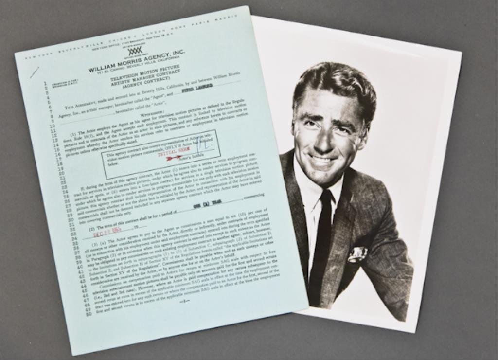Peter Lawford Signed Contract: (1) Television Motion Picture Artists' Contract signed "Peter Lawford" and dated December 20, 1965, together with an 8 x 10 inch promotional photograph of Peter Lawford.