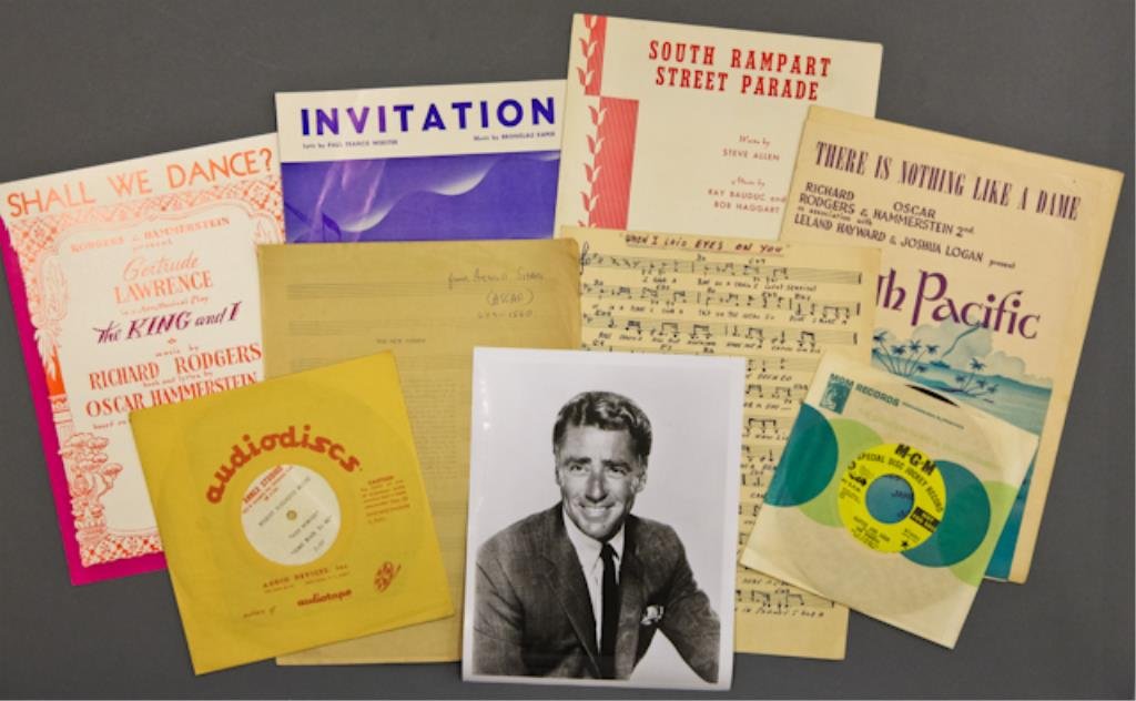 Sheet Music and Records: Sheet music entitled "When I Laid Eyes On You", published sheet music for "Shall We Dance?", "Invitation", "South Rampart Street Parade" and "There Is Nothing Like A Dame" together with a group of Pet