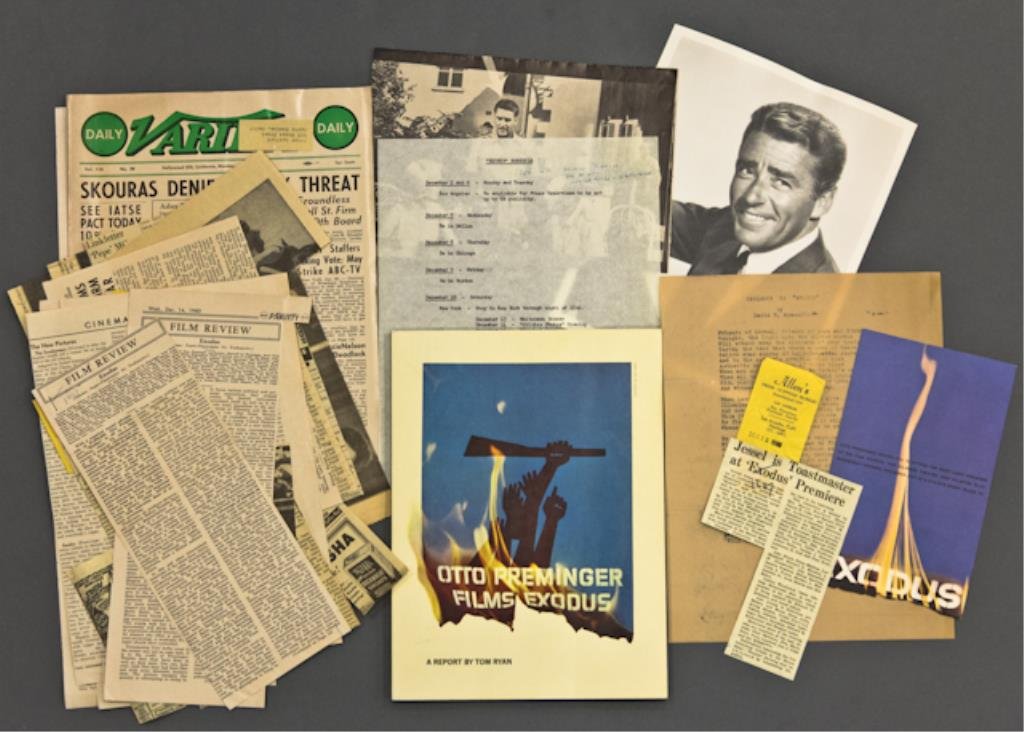 "Exodus" Promotional Booklet: (1) "Otto Preminger Films Exodus, A Report by Tom Ryan" published by Random House 1960, (File) including newspaper and magazine clippings featuring the film "Exodus" (many from Allen's Press Clipping 