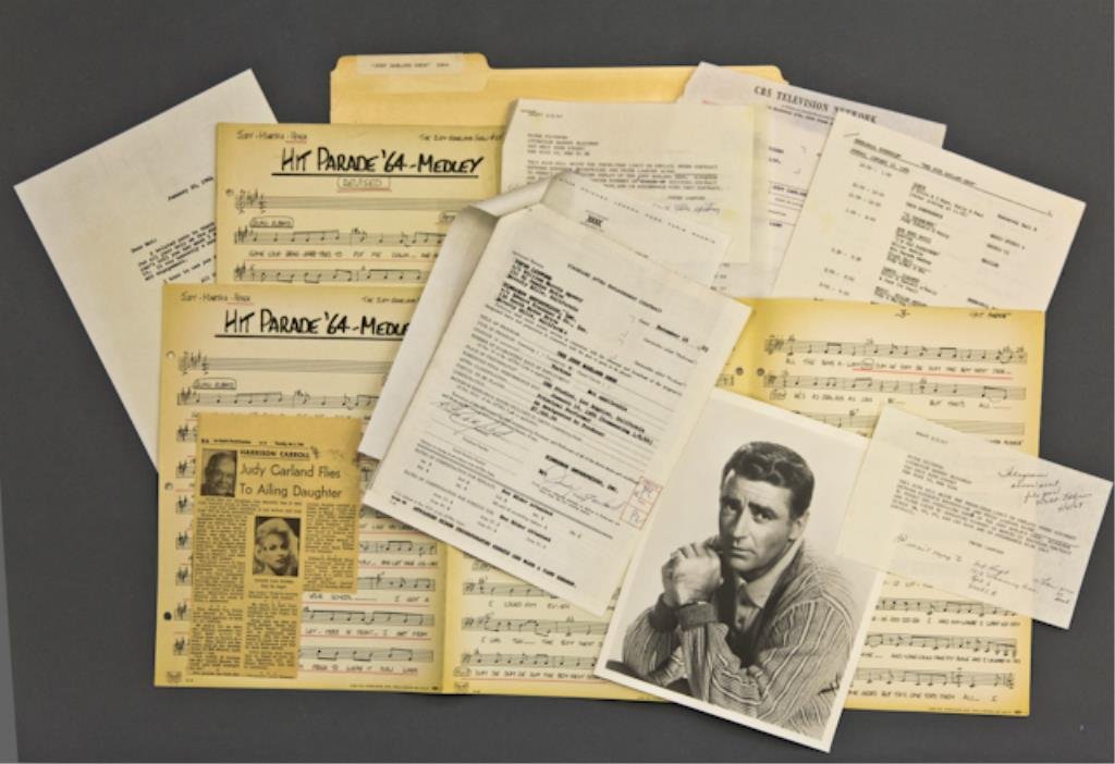 "Judy Garland Show" Garland Signed Contract: Standard AFTRA Engagement Contract signed Judy Garland Dec. 18 1963, rehearsal schedule, letters of correspondence, dating to between 1963-1964, (2) copies of "Hit Parade '64 Medley" 6pp. musical scor