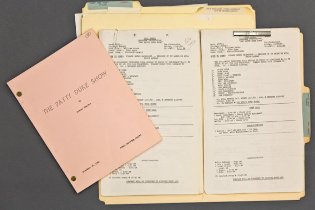 "Patty Duke Show" Credits and Call Sheets: (Files) entitled Call Sheets (2) for Nov and Dec., 1962, ZIV-UA Misc (including a Bill Asher Telegram) and Credits for those appearing between Jan-Feb 1963. Together with a brass-fastened "The Patty D