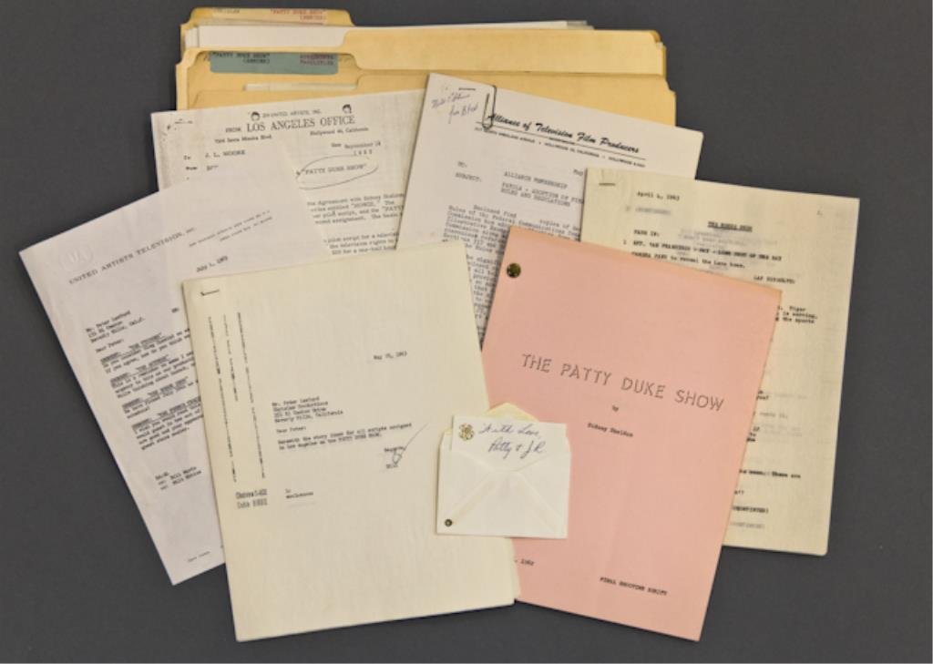 "Patty Duke Show" Script Drafts: 1/2 inch deep (File) Chrislaw Contracts and Summary's with rules and regulations, ZIV-United Artists contracts (unsigned), (File) entitled Agreements Facilities, (File) "Patty Duke Show" concerning se