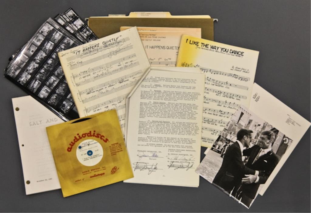 "Salt and Pepper" Davis Signed Contract: April 19, 1967 contract twice signed by Sammy Davis, Jr., Brass-fastened "Salt and Pepper" treatment 88pp. dated November 29, 1966, "Salt and Pepper" unused letterhead, (16) 8 x 10 inch contact sheets