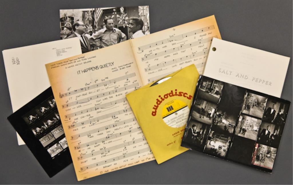 "Salt and Pepper": Brass-fastened "Salt and Pepper" treatment 88pp. dated November 29, 1966, "Salt and Pepper" unused letterhead, (2) 8 x 10 inch contact sheets of scene stills, (1) 8 x 10 inch photograph including Milt