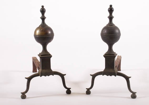 Pair of Brass Andirons - Wittingham N.Y.: Early 19th century ball and plinth andirons signed by R. Wittingham, New York, 18" tall. Condition: Good.Identical andirons are pictured in Schiffer's "The Brass Book", p.76 (figs. A & B).