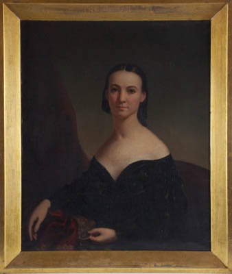 American School (19th c.): "Portrait of a Saratoga Springs, NY Woman", oil on canvas 33 1/2 x 28 inches, attributed to B.F. Eddy and Nelson Cook circa 1830. Framed. Condition: Good, surface grime.