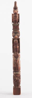 19th c. Carved Raven Totem Pole: Polychrome wood (pine), 16 1/2" tall, northwest coast U.S. Original, untouched paint/surface. Condition: Several chips, fading paint.