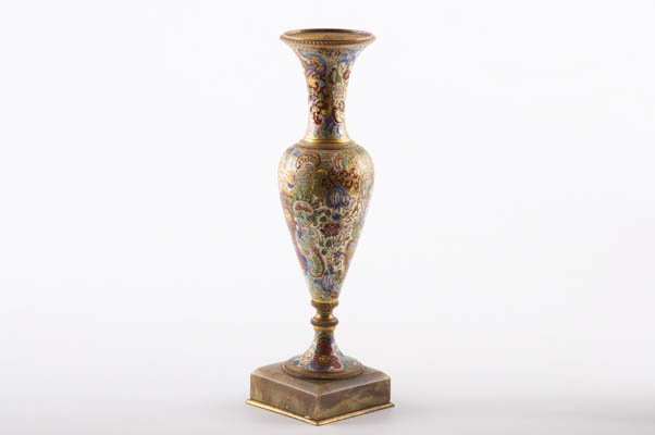 French Cloisonne Vase: Colorful vase on a square marble and brass base, 9" tall overall, bottom marked 'FRANCE'. Condition: Good.