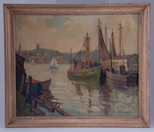 Jacob Greenleaf (1887-1968): "Gloucester Fishermen in Harbor" oil on canvas 20 x 24 inches. signed J. Greenleaf lower right, Condition: Good, surface grime. Condition: See description