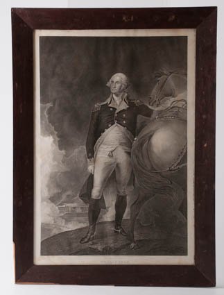 1836 Engraving of Washington by Gilbert Stuart: "Landsdown Portrait of Washington at Dorchester Heights" Engraved by T. Kelly 1836. 23 1/2 x 15 1/2 inches. Framed. Condition: Good, some spots and foxing. Not laying completely flat in frame, not exa