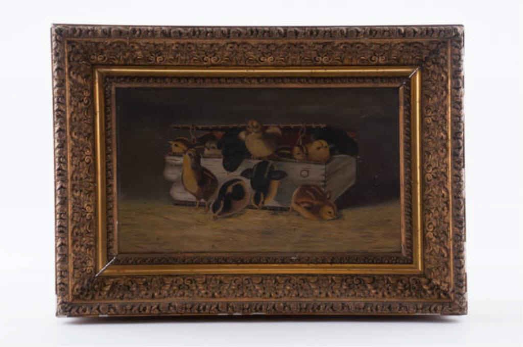 American School (19th c.): "Birch Bark Box of Chicks" oil on artist board 9 x 15 inches. framed. Condition: Craquelure, surface grime Condition: See description