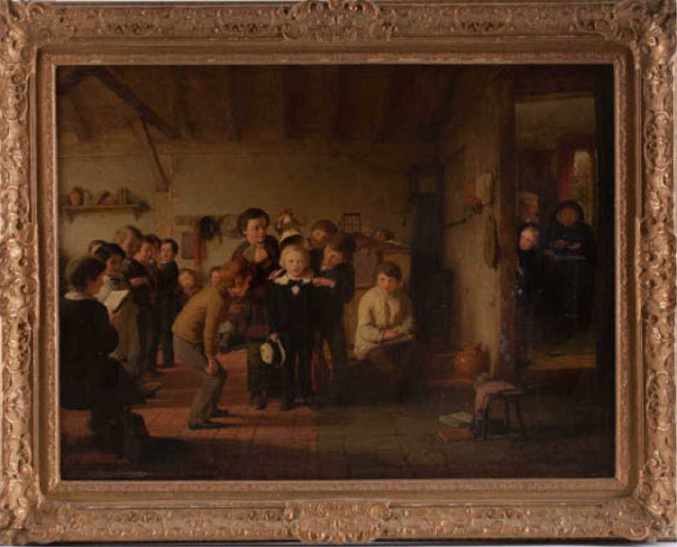 George Smith (1829-1901): "The New Boy" oil on canvas 26 x 35 inches, signed George Smith '59 lower right, framed. Condition: Good, lined, inpaint, craquelure, minor wear.