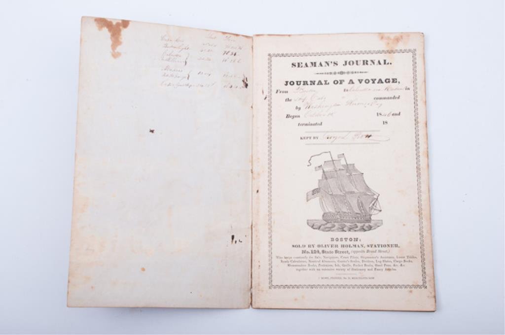 Seamen's Journal of Ship "Cato": Ships record from Boston to Calcutta via Madras by Washington Plumer Esq. Begun on October 15th 1846. Kept by George L Pratt. Ending on Jan 2 1847. Twenty double sided pages of daily detailed entries.