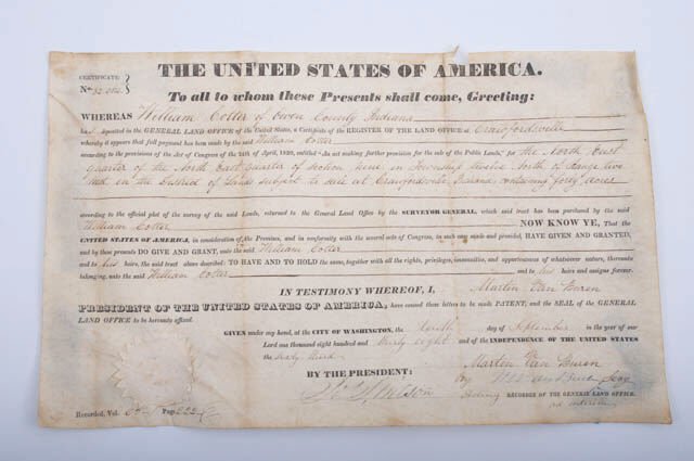 U. S. Certificate of Land Purchase 1838: Parchment paper certificate no. 32054 attesting to the purchase of 40 acres of land in Crawfordsville, Indiana by William Cotter of Owen County, Indiana on September 10, 1838. Name of President Martin