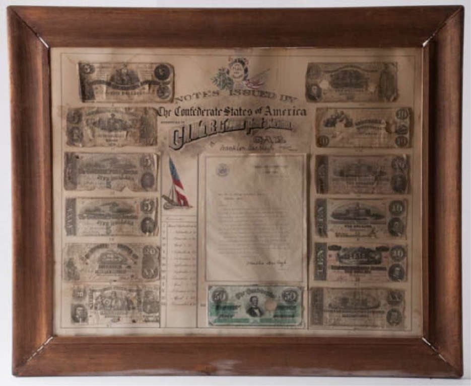 Notes Issued by The Confederate States of America: "Composite of (13) Bank Notes dating 1861-1864 and presented to Col. William B Greene Post N0. 100 GAR by Franklin MacNeagh of the US Treasury Department, Washington, DC." 22 x 28 inches. framed. Cond