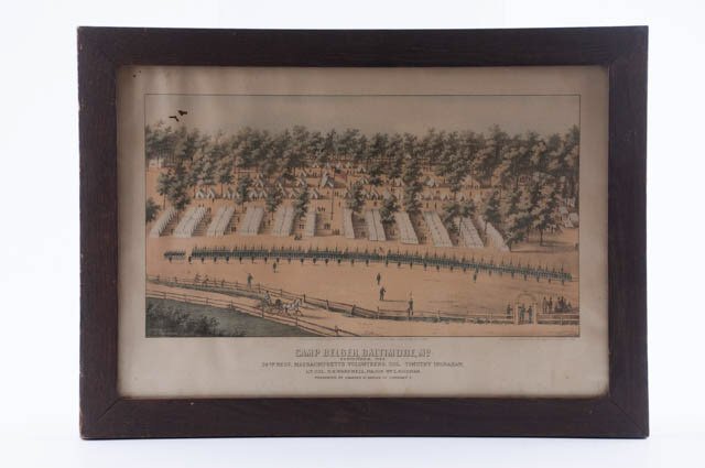 (19th c.) Civil War Encampment: "Camp Belger, Baltimore, Md, September 1862, 38th Reft, Massachusetts Volunteers, Col. Timothy Ingraham" color lithograph 12 1/2 x 18 1/2 inches. by E. Sachse & Co. 1862. Condition: Foxing and three s