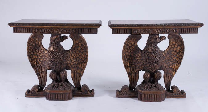 Pair of Custom Eagle Pier Tables: Rectangular top over a carved eagle pedestal. Approx. 31" x 40" x 34". Condition: Wear. Tops slightly loose.