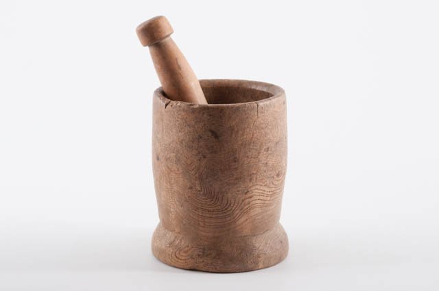 Wooden Mortar and Pestle: Burlwood mortar, approximately 7" high and pestle, approximately 8 1/4" long. 19th c. Condition: Overall wear.