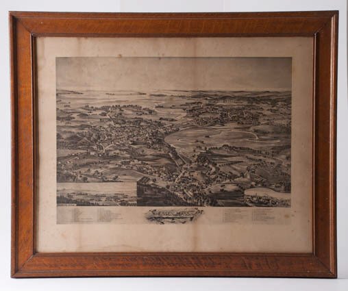1894 Map A Birdseye View of Essex Mass.: Including the North End and the Ship Yards West of the River" 21 1/2 x 27 1/2 inches (including margins). Framed. Condition: Foxing and staining.