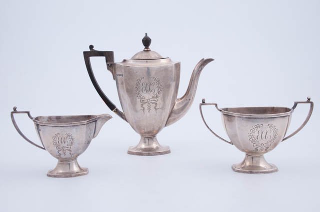 Sheffield Sterling Tea Set: John Round sterling breakfast tea set, date mark for 1911, Sheffield England, teapot 7 1/4", script mono, approx. 23 T oz. Condition: Good