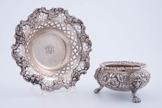 Kirk Sterling Salt and Towle Dish: Kirk repousee footed salt dish decorated with floral design and lion heads, Towle dish 5 1/2 inch diameter, both with mono., 7 T oz Condition: Good.