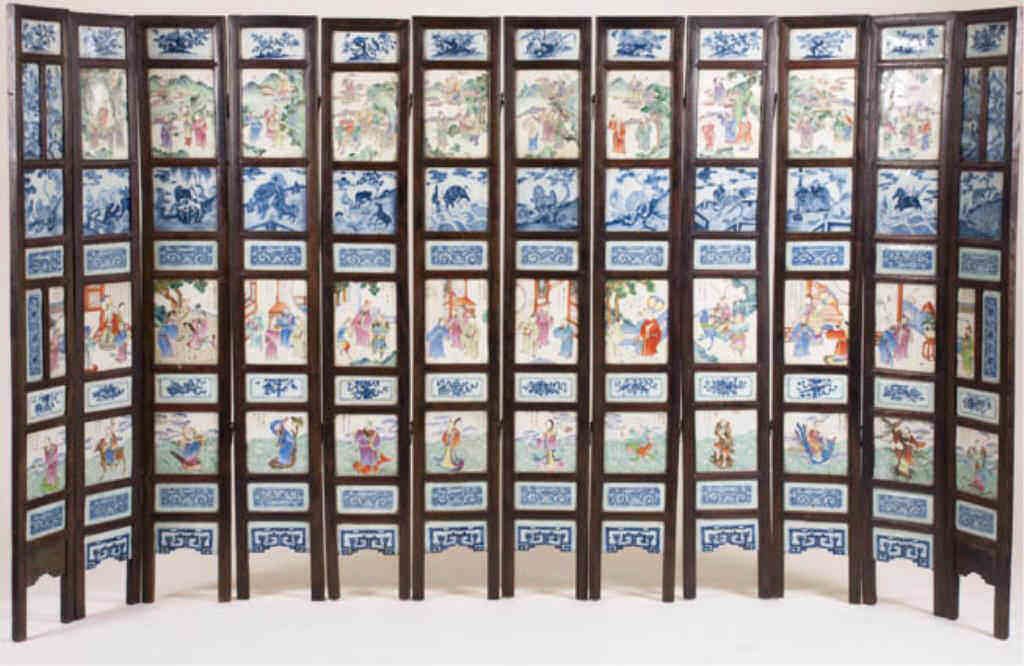 Rare Twelve-Part Tiled Screen: Early 19th C, Chinese wood screen with 12 panels, inset with over 100 Famille Rose tiles. Ca. 1860. Condition: Good. One tile cracked. Screen height is approx. 61"
