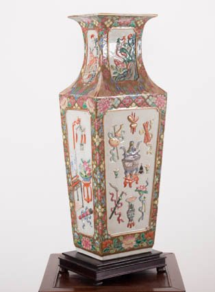 19th c. Chinese Famille Rose Square Vase: 23" high, on 2-inch teak base. Late 19th c. Condition: Minor wear to paint decoration.