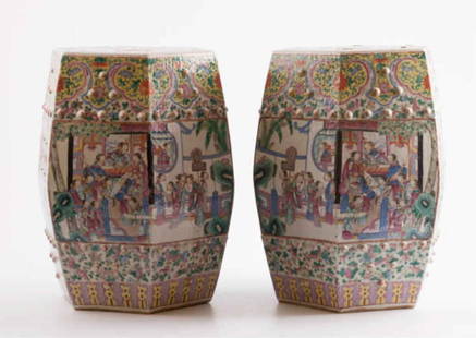 Pair of Famille Rose Garden Seats: 19th C. Approximately 18" high. ca. 1860 - 1880. Condition: good