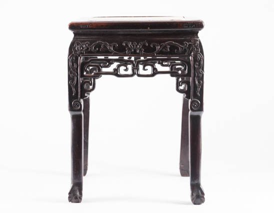 (19th c.) Asian Teak wood Stand: with Marble Inset. Finely carved square fern stand measuring 18 x 13 1/2 x 13 1/2 inches. Condition: Good.