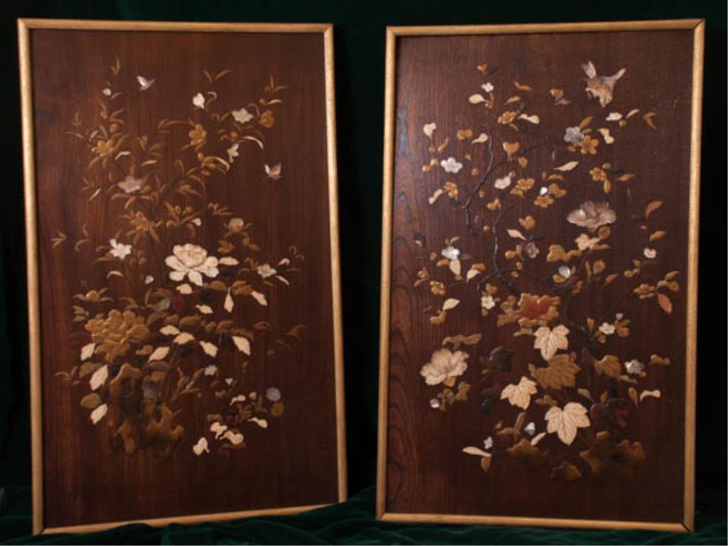 Pair of 19th C Asian Framed Floral Wood Panels: Approximately 24 1/2" x 15" overall. Early 20th c. Condition: Good. Frames need repair.