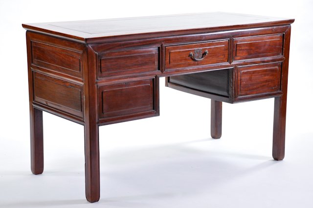 (17th/18th c.) Huaghuali Tiaozhuo Table: Table with drawers. 29 1/2 x 49 x 23 inches. *Note~The cabinet frame has had maple wood applied underneath to strengthen the table. One panel on the front side was removed and the original center draw