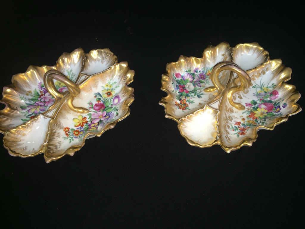Pair of German KPM Partitioned Dishes: Floral decorated and rimmed with fancy gilt.