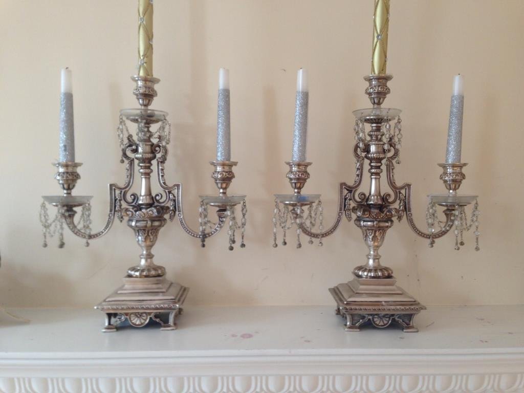 Pair of Candelabras: Edwardian style, double arm, silverplated with beaded prisms