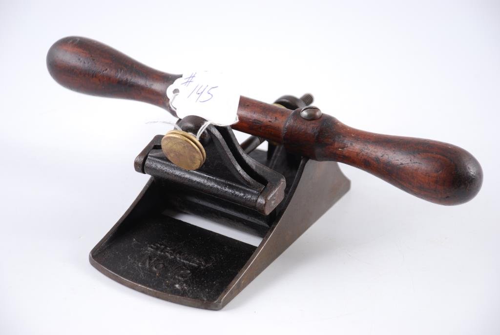 Stanley #12 Plane: Stanley #12 veneer scraper plane. Missing blade and one brass nut. Condition: fair