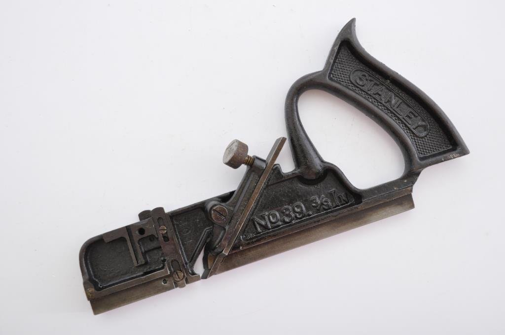 Stanley #39 3/8” Dado Plane: Skewed dado plane missing the depth adjustment. Marks indicate this is from the sweet heart era, 1923 – 1935. Condition: good