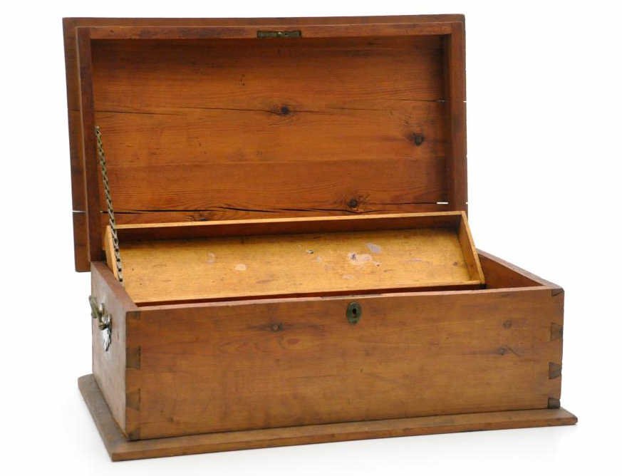 Wooden Dove Tailed Tool Box: Pine tool box with a sliding tray. The corners are dove tailed. Unpainted. 20” long, 11 1/2” wide, and 9” high. Condition: good