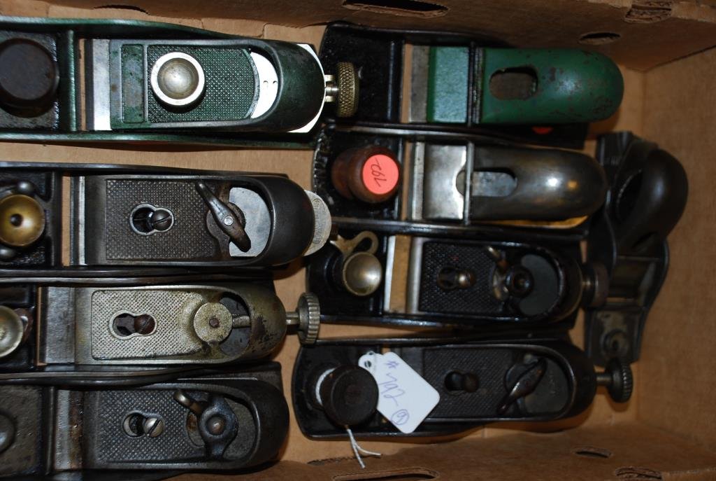 Stanley #120 Block Plane: Nine block planes, one is a Stanley #120, one is a Lakeside, and other various planes. Condition: fair